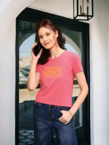 Levis Women Pink Brand Logo Printed T-shirt