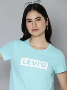 Levis Women Sky Blue Brand Logo Printed Pure Cotton Slim Fit T-shirt