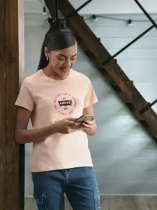 Levis Women Blush Pink Brand Logo Printed Pure Cotton Casual T-shirt