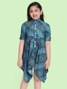 Ethnovog Teal Blue Ethnic Print A-Line Dress