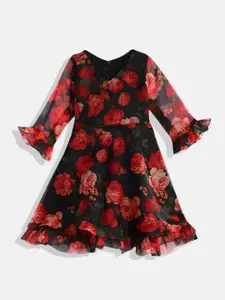 Ethnovog Black  Red Floral Print Ethnic A-Line Dress