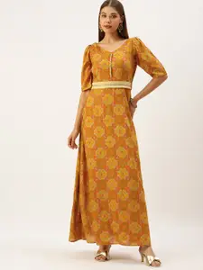 Ethnovog Women Mustard Yellow  Rust Orange Ethnic Motifs Printed Maxi Dress