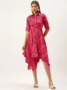 Ethnovog Women Pink  White Bandhani Printed Shirt Midi Dress Comes With a Belt