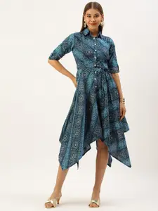 Ethnovog Women Blue  White Bandhani Printed Shirt Midi Dress Comes With a Belt