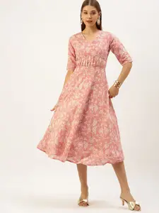 Ethnovog Women Dusty Pink Floral Printed A-Line Midi Dress