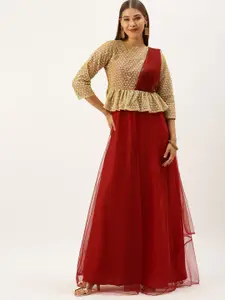 Ethnovog Women Red Embroidered Layered Ethnic Maxi Dress