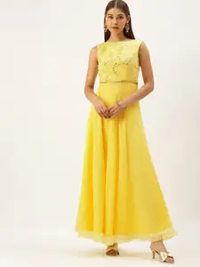 Ethnovog Women Yellow Ethnic Motifs Embroidered Maxi Dress