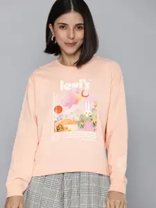 Levis Women Peach-Coloured Printed Drop-Shoulder Sweatshirt