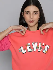 Levis Women Coral Pink Brand Logo Printed Pure Cotton Sweatshirt