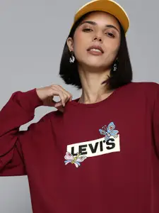 Levis Levis Women Maroon Printed Drop-Shoulder Sweatshirt