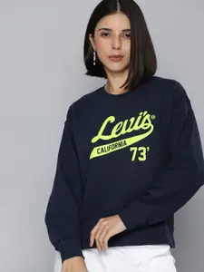 Levis Women Navy Blue & Fluroscent Green Brand Logo Printed Pure Cotton Sweatshirt