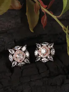 JEWELS GEHNA White  AD-Studded Rhodium-Plated Square Studs Earrings