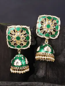 JEWELS GEHNA Green Dome Kundan Meenakari Jhumkas Earrings