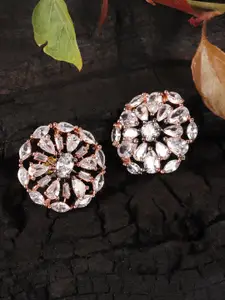 JEWELS GEHNA White & Silver-Plated Floral American Diamond Studded Earrings