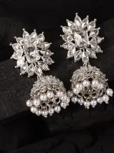 JEWELS GEHNA Silver-Toned & White Dome Shaped Jhumkas Earrings