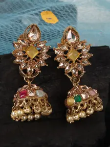 JEWELS GEHNA Gold-Plated & Yellow Stones Studded Dome Shaped Jhumkas Earrings