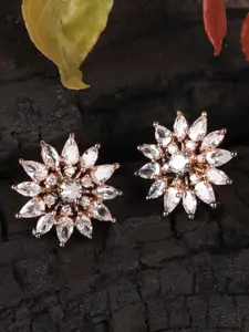 JEWELS GEHNA White & Rhodium Plated Floral Studs Earrings