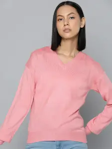 ether Women Pink Solid Knitted Acrylic Pullover