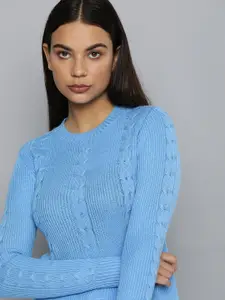 ether Women Blue Cable Knit Striped Pullover