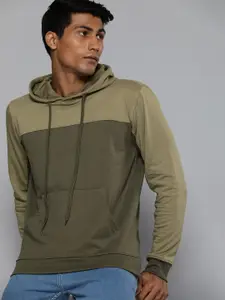ether Men Olive Green Colourblocked Hooded Sweatshirt