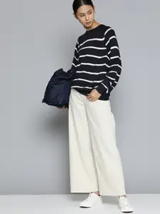 ether Women Navy Blue & White Striped Acrylic Raglan Sleeves Pullover