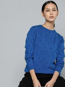 ether Women Blue Acrylic Self-Design Geometric Pattern Pullover