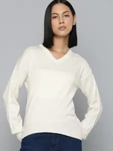 ether Women Off-White Acrylic Solid V-Neck Pullover