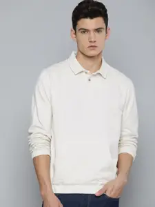 ether Men White Solid Shirt Collar Pure Cotton Sweatshirt