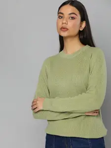 ether Women Green Solid Round-Neck Long Sleeves Open-Knit Pullover