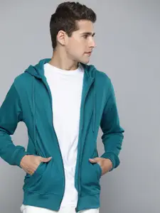 Ether Men Blue Solid Open-Front Hooded Sweatshirt