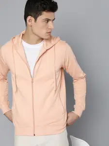 ether Men Peach-Coloured Solid Hooded Sweatshirt