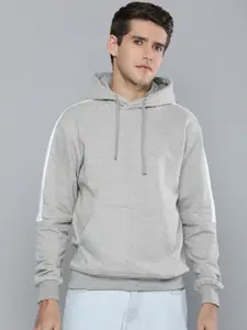 ether Men Grey Solid Hooded Sweatshirt with Lined Detailed Sleeved