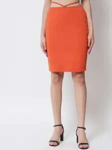 Trend Arrest Women Rust Orange Solid Knee Length Pencil Skirt