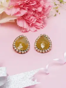 Awadhi Gold-Plated Yellow & White Teardrop Shaped Studs Earrings