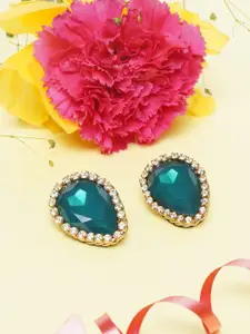 Awadhi Teal Blue & Rose Gold-plated Teardrop Shaped Studs Earrings