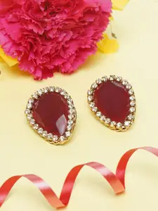 Awadhi Red Stones-Studded Gold-Plated Teardrop Shaped Studs Earrings