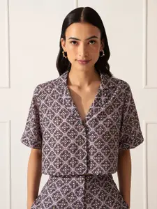 20Dresses Mauve & Multicoloured Print Crepe Lapel Collar Shirt Style Crop Top
