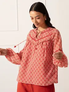 20Dresses Red & Cream-Coloured Print Chiffon Puff Sleeve Tie-Up A-Line Top