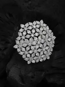 PANASH Silver-Plated White Solitaire CZ Studded Adjustable Finger Ring