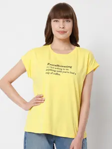 Vero Moda Women Yellow Typography Printed Extended Sleeves Cotton T-shirt