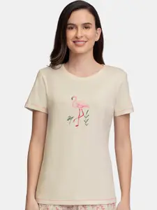Amante Women Cream & Pink Printed Cotton Lounge Tshirt