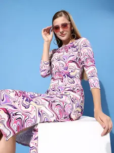 Athena Women Lavender & White Abstract Printed Bodycon Midi Dress