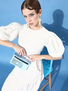 Athena Women White Seersucker A-Line Midi Dress