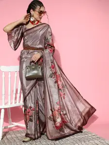 Mitera Grey & Pink Floral Saree