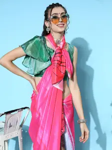 Mitera Pink & Green Printed Saree