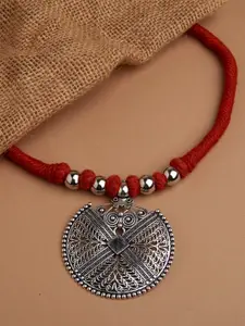Fida Silver-Toned & Red Silver-Plated Oxidised Necklace