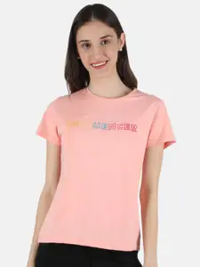Monte Carlo Women Peach-Coloured Typography Printed T-shirt