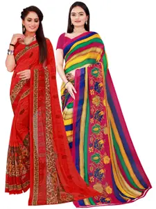 Florence Red & Blue Pack of 2 Floral Pure Georgette Saree