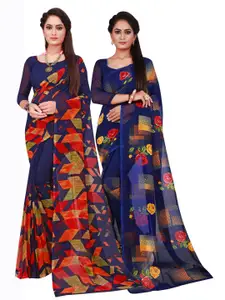 Florence Pack Of 2 Navy Blue & Red Pure Georgette Saree