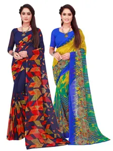 Florence Set Of 2 Navy Blue & Green Floral Pure Georgette Saree